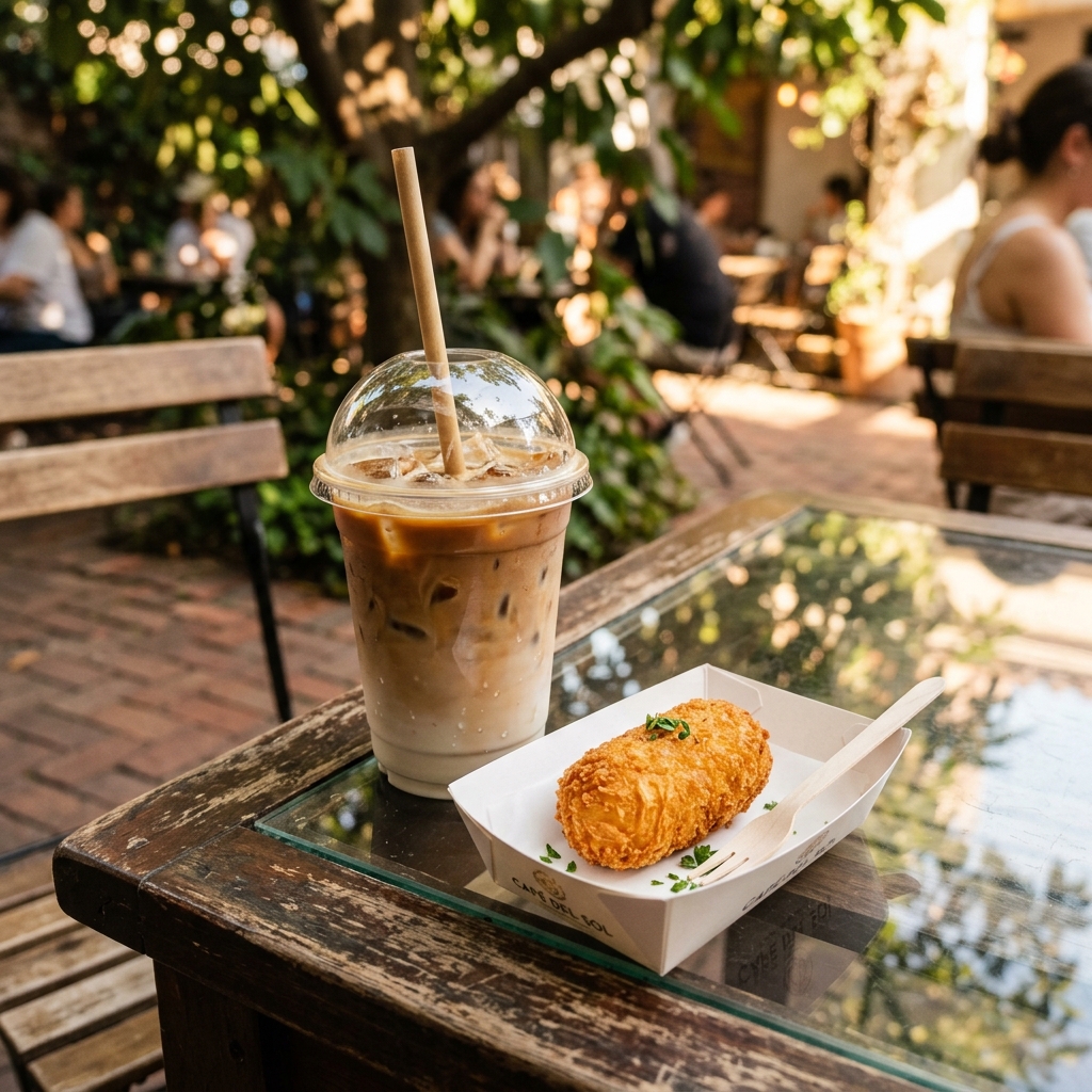 Iced coffee and croqueta